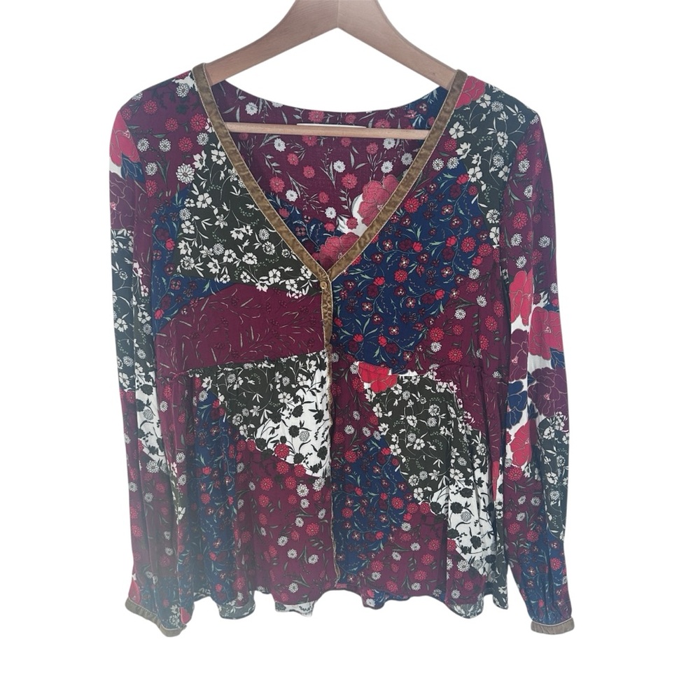 Zara Floral Patchwork V-Neck Babydoll Top Size Large V Neck